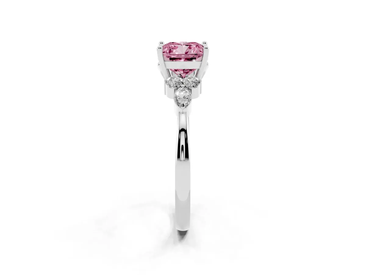Fancy Pink Cushion Cut Brilliant Diamond Solitaire Ring with Pear Side Stones and Four-Prong Setting Silver
