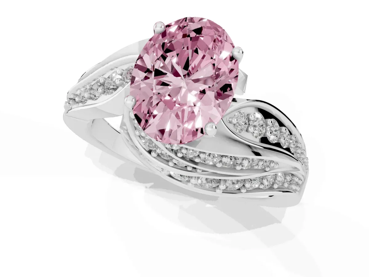 Fancy Pink Oval Cut Diamond Solitaire Ring with Prong Setting and Twisted Pavé Band Silver
