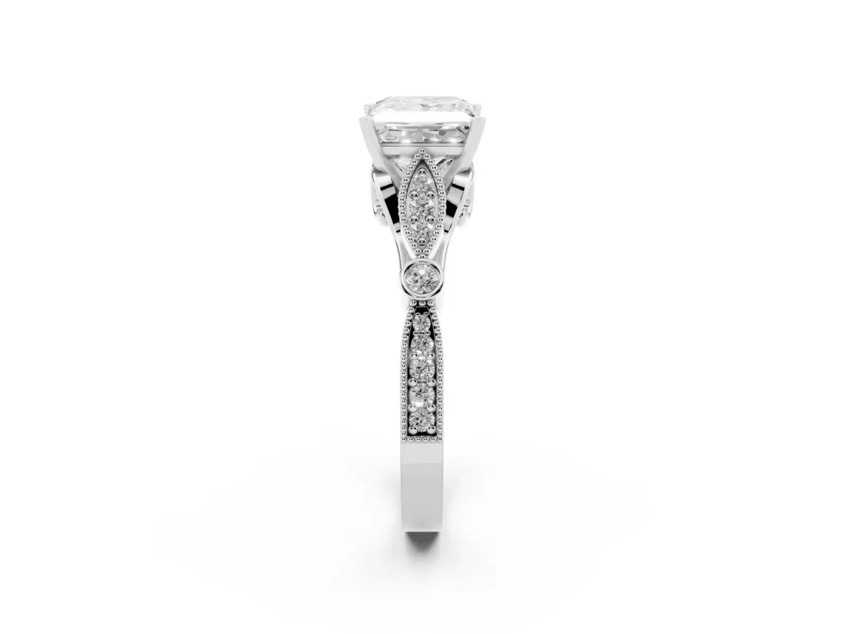 Princess Cut Cut Diamond with Milgrain Marquise and Bezel Accents on a Solitaire Band with Prong Setting Platinum