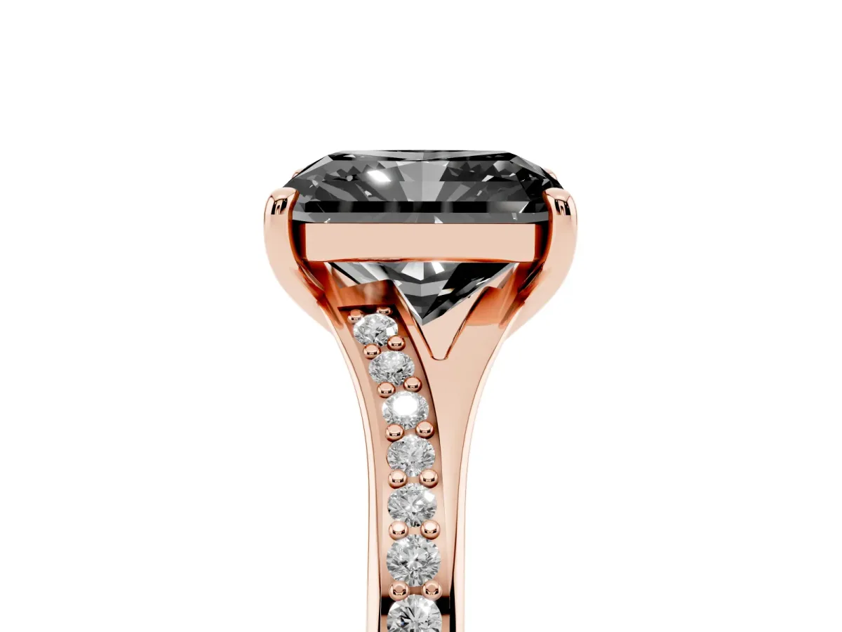 Fancy Black Radiant Cut Diamond Solitaire Ring with Pavé Band and Prong Setting Rose gold