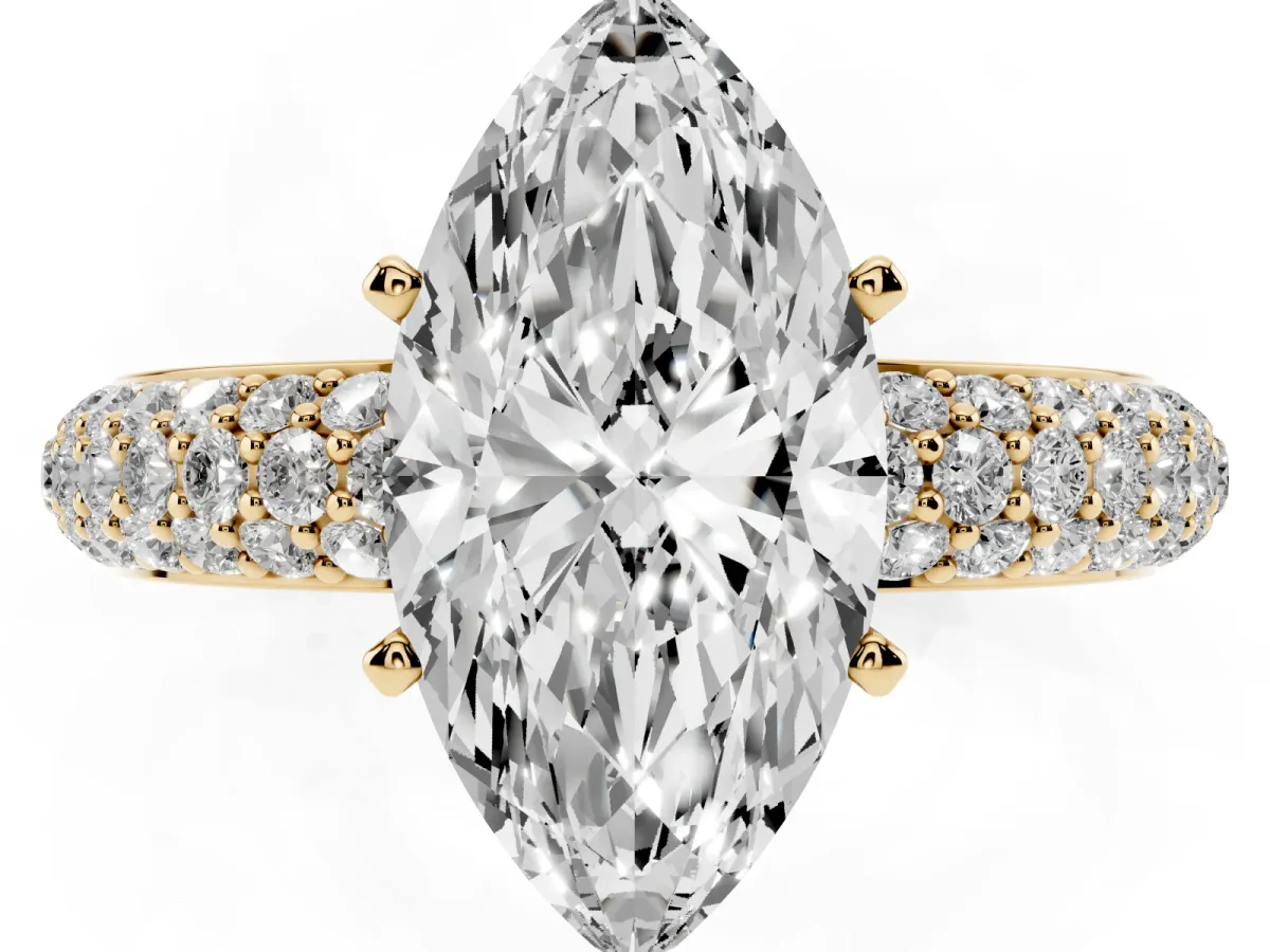 Marquise Cut Diamond Solitaire Ring with Prong Setting and Pavé Band Yellow gold