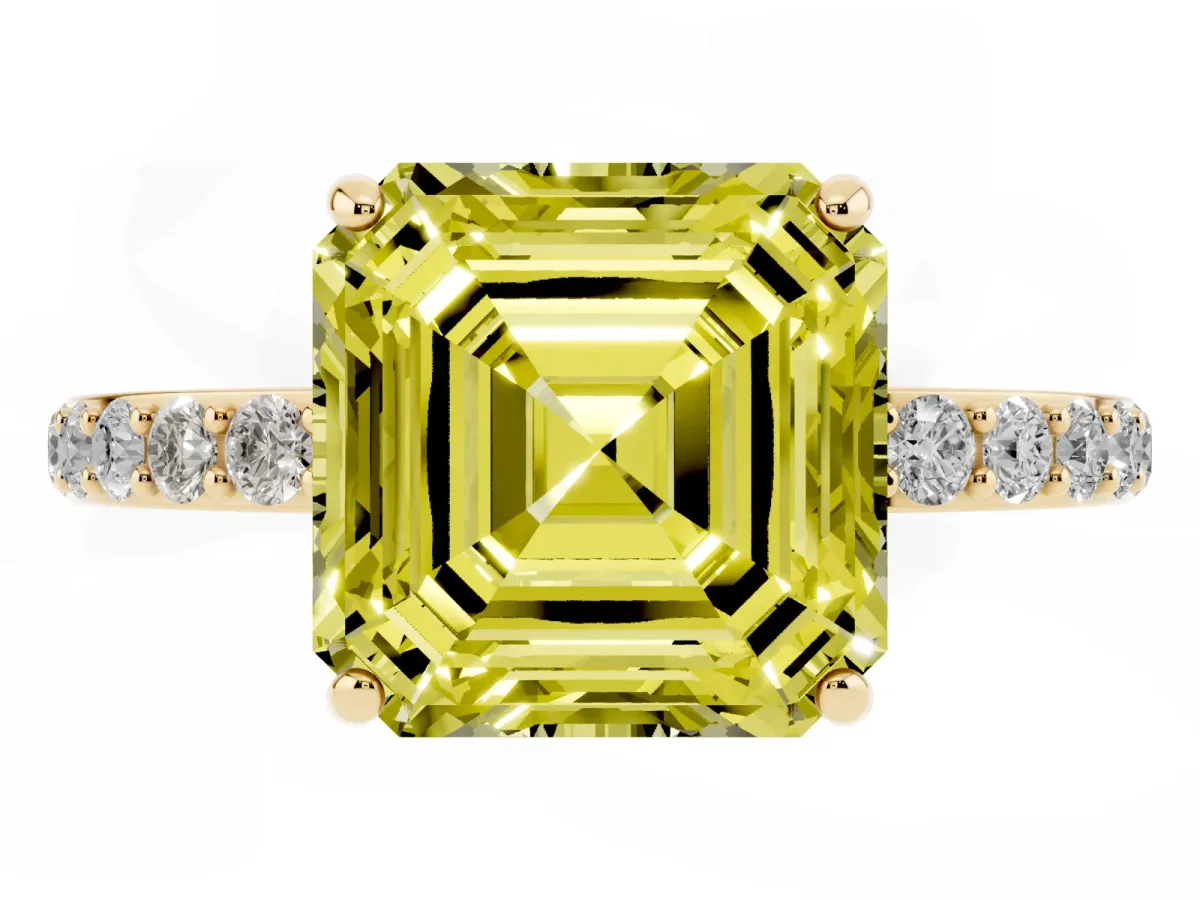 Fancy Yellow Asscher Cut Diamond Solitaire Ring with Round Pavé Shoulders and Prong Setting Yellow gold