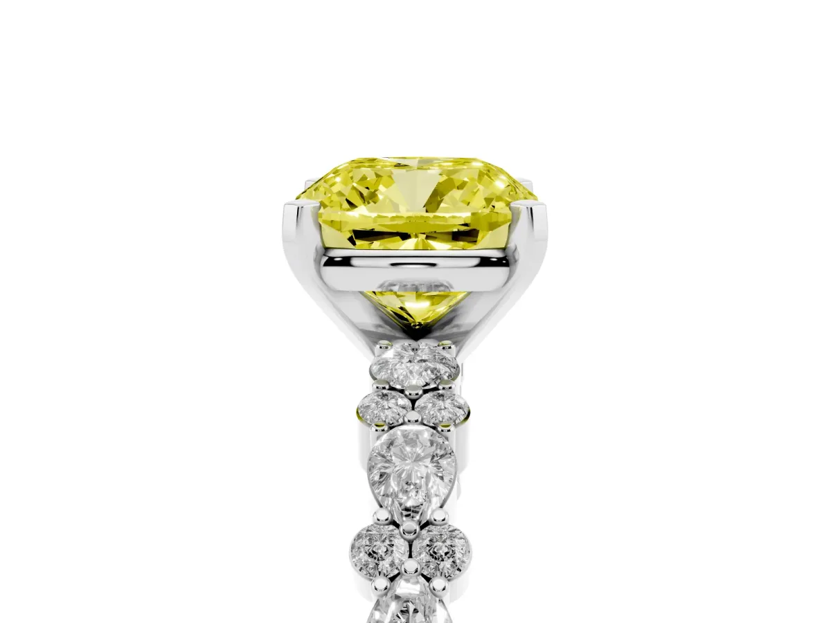 Fancy Yellow Cushion Cut Diamond Side Stone Solitaire Ring with Round and Four-Prong Setting Silver