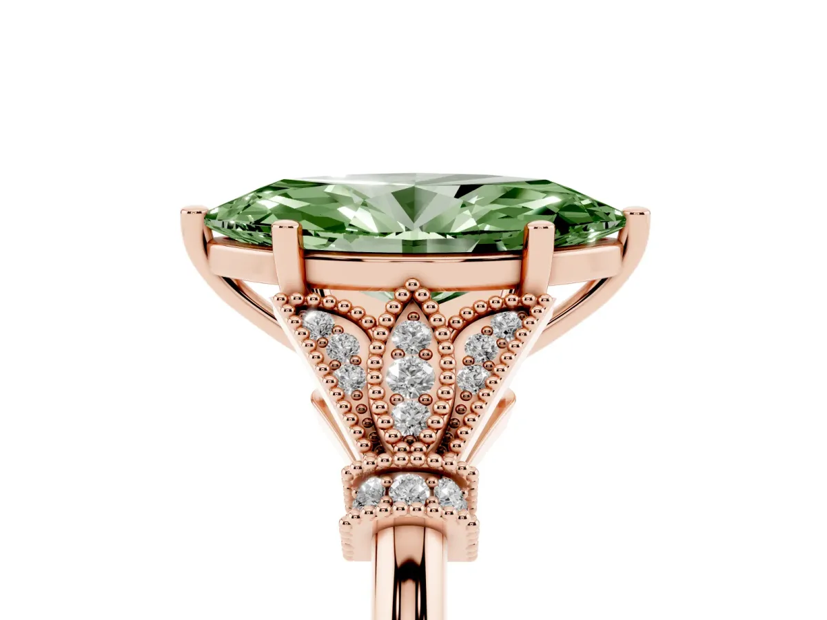Fancy Green Marquise Cut Diamond Solitaire Ring with Floral Filigree and Pave Accents Rose gold