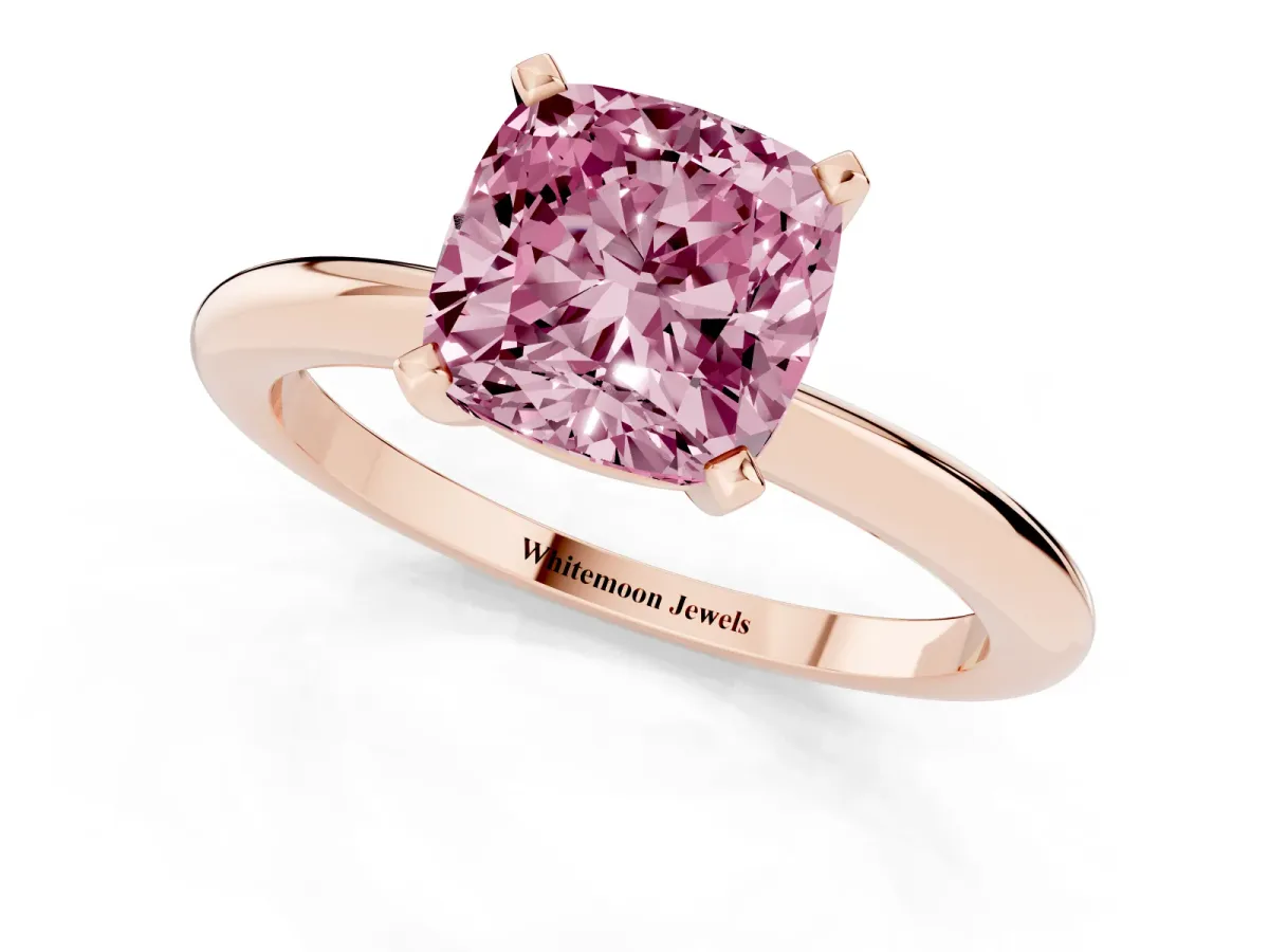 Fancy Pink Cushion Cut Diamond Solitaire Ring with Prong Setting and Classic Band Rose gold