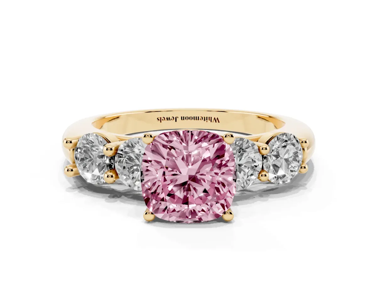 Fancy Pink Cushion Cut Cut Five-Stone Prong Set Diamond Ring with Classic Band Yellow gold