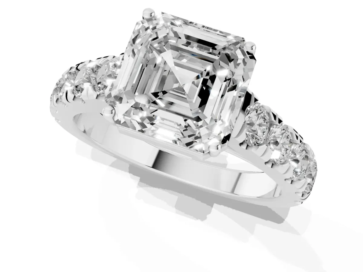 Asscher Cut Cut Diamond Solitaire Ring with Micro Pave Band and Prong Setting Silver