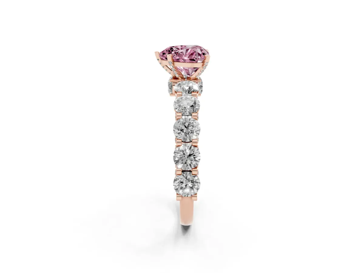 Fancy Pink Heart Cut Diamond Side Stone Engagement Ring with Four-Prong Setting Rose gold