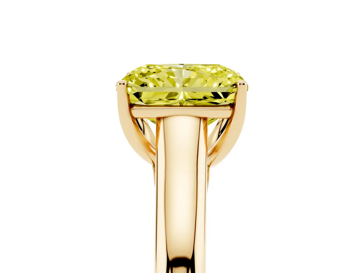 Fancy Yellow Radiant Cut Solitaire Engagement Ring with Tapered Band and Four-Prong Setting Yellow gold