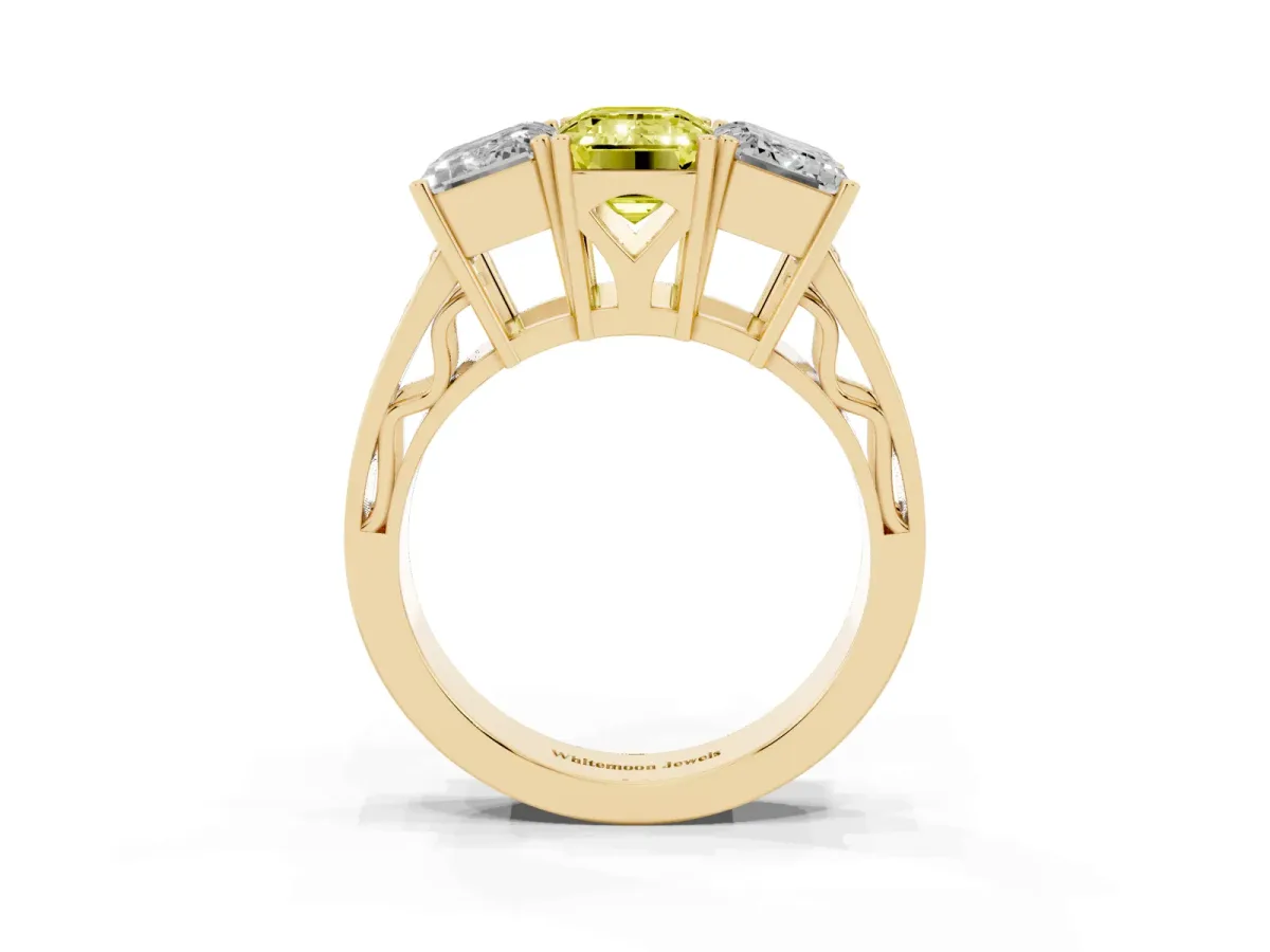 Fancy Yellow Emerald Cut Diamond Three-Stone Ring with Prong Setting and Textured Band Yellow gold
