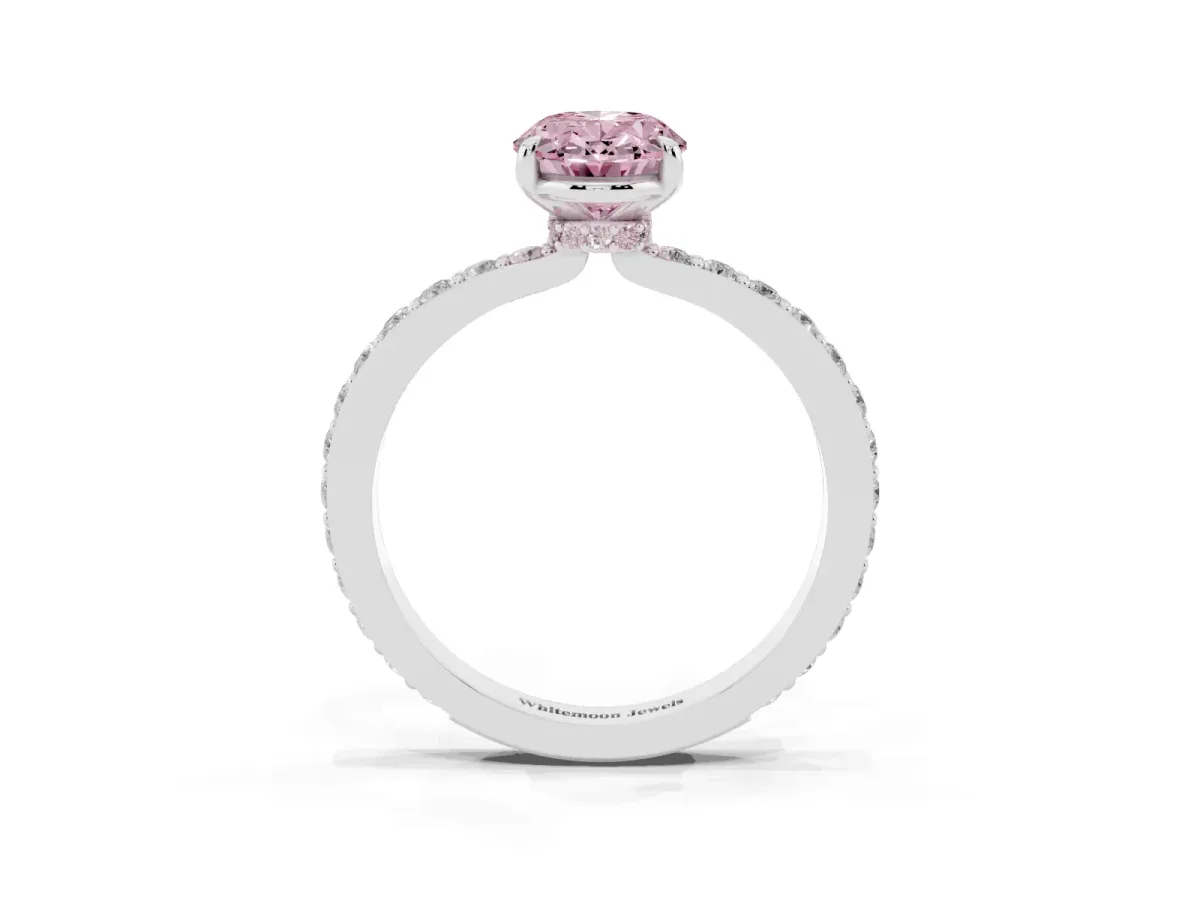 Fancy Pink Oval Cut Diamond Pavé Engagement Ring with Round Accents and Prong Setting Platinum