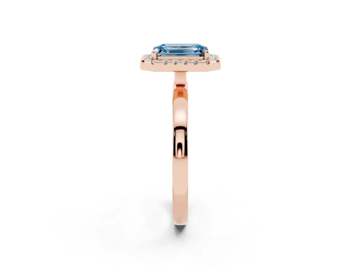 Fancy Blue Emerald Cut Halo Diamond Solitaire with Pavé Band and Four-Prong Setting Rose gold