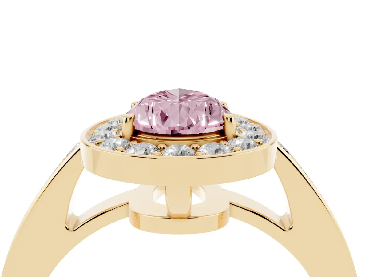 Fancy Pink Pear Cut Halo Pavé Diamond Engagement Ring with Bezel Setting Yellow gold