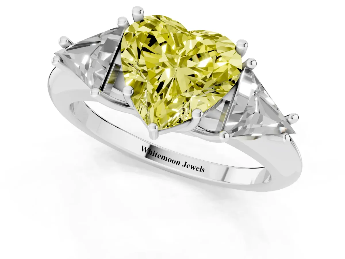 Fancy Yellow Three-Stone Heart Cut Diamond Engagement Ring with Trillion Side Stones and Prong Setting Silver