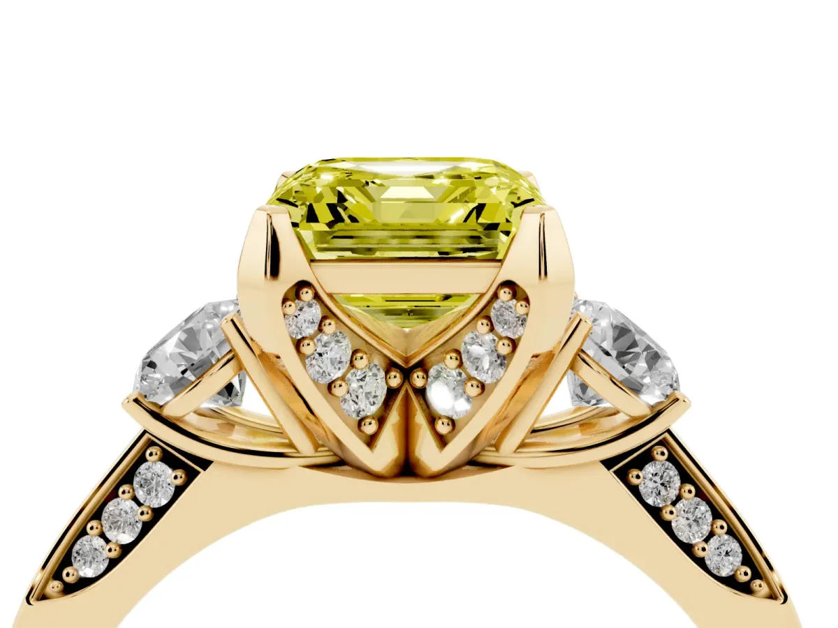 Fancy Yellow Asscher Cut Brilliant Three-Stone Diamond Ring with Pavé Band and Four-Prong Setting Yellow gold