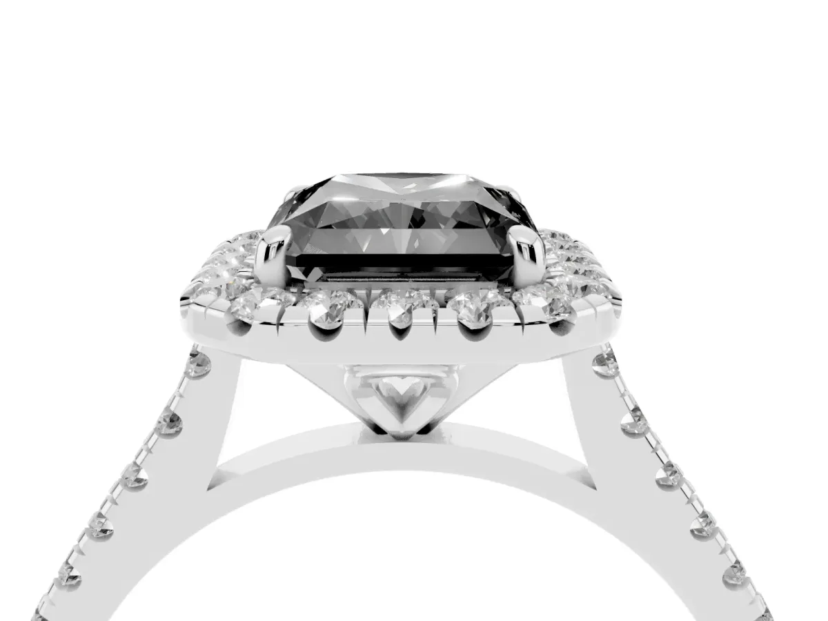 Fancy Black Radiant Cut Diamond Cushion Halo Ring with Pavé Band Silver