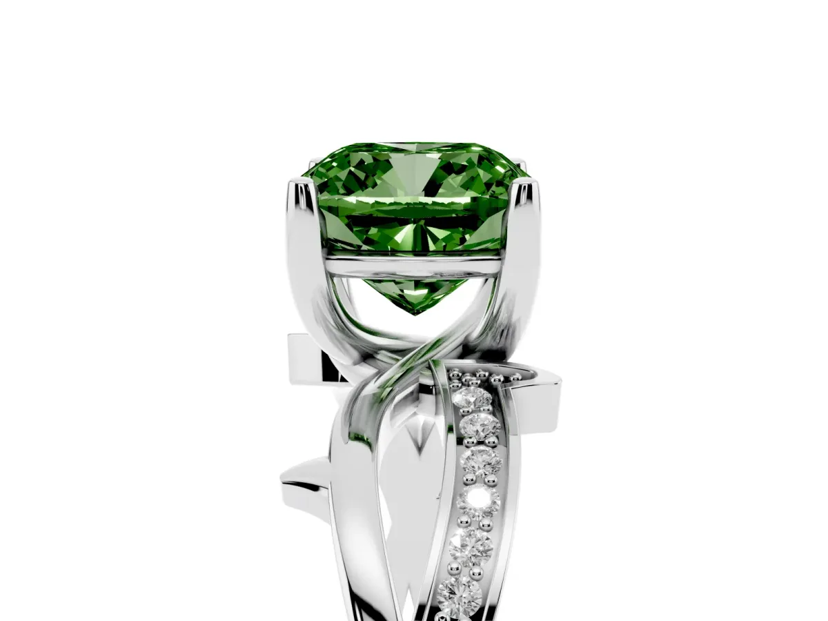 Fancy Green Cushion Cut Solitaire Twist Band with Pavé Accents and Four-Prong Setting Silver