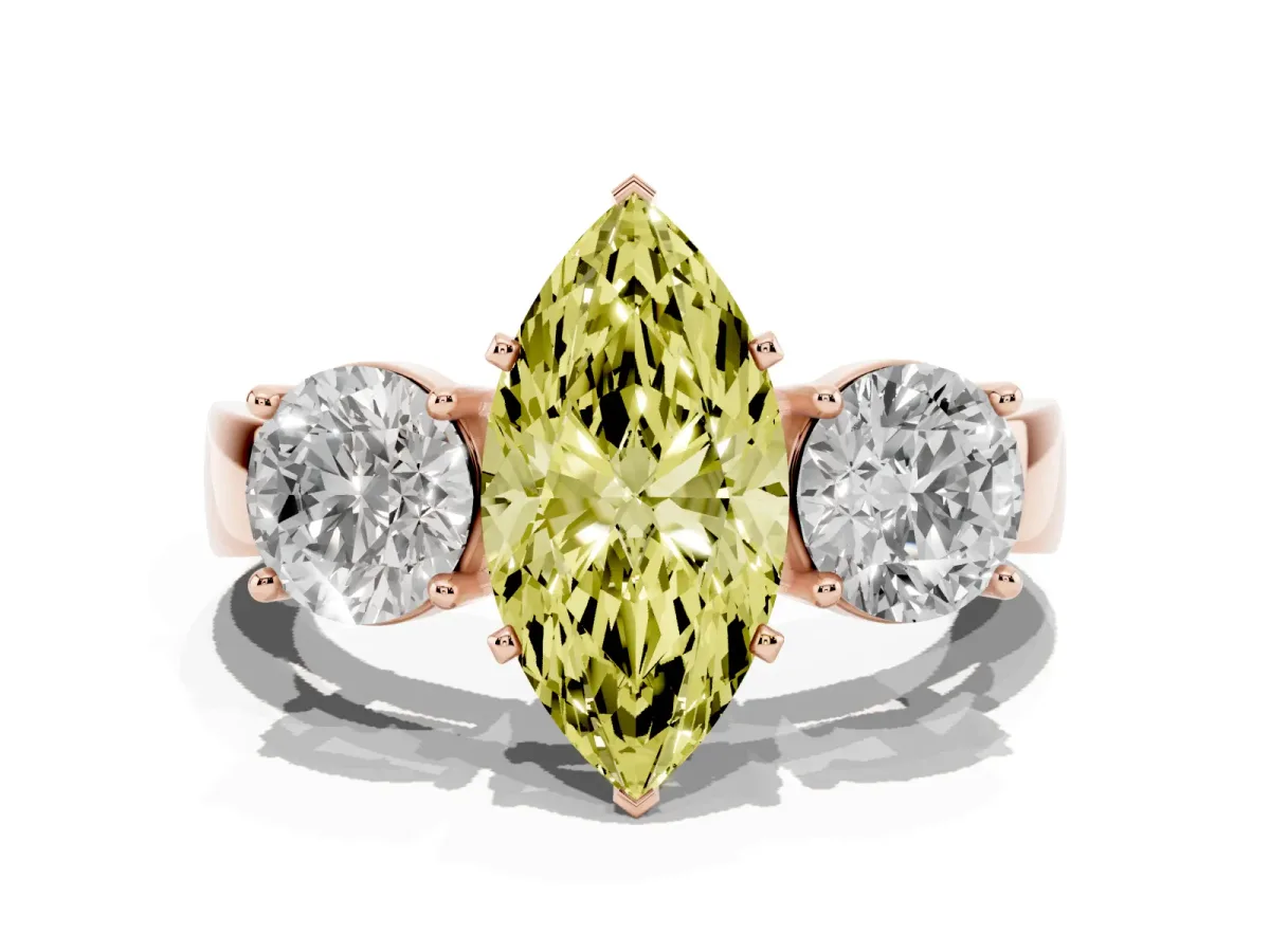 Fancy Yellow Three-Stone Marquise Cut Diamond Ring with Round Side Stones, Classic Band, and Four-Prong Setting Rose gold