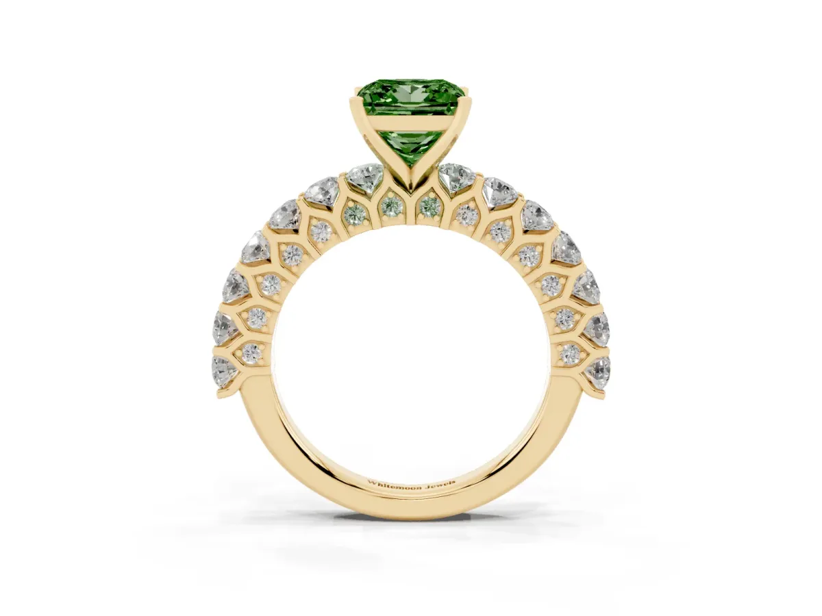 Fancy Green Princess Cut Diamond Solitaire Ring with Shared Prong Pavé Band and Four-Prong Setting Yellow gold