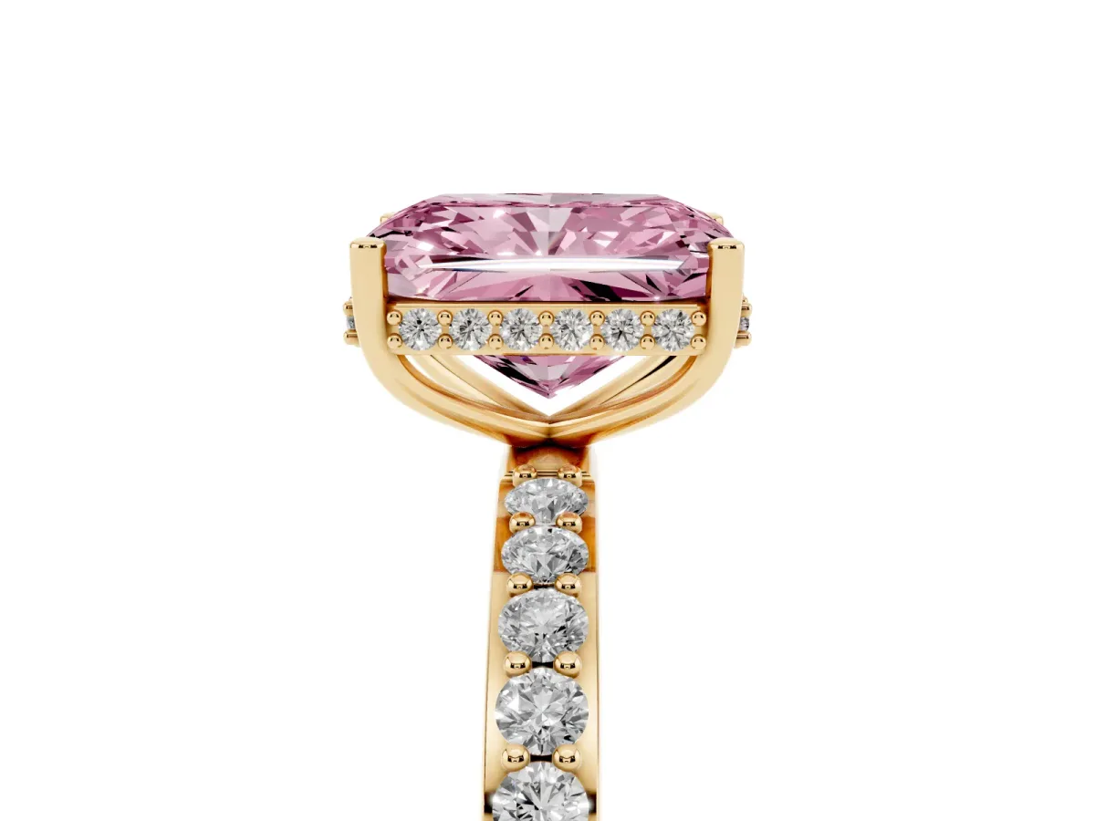 Fancy Pink Radiant Cut Diamond Solitaire Ring with Pavé Band and Hidden Halo Yellow gold