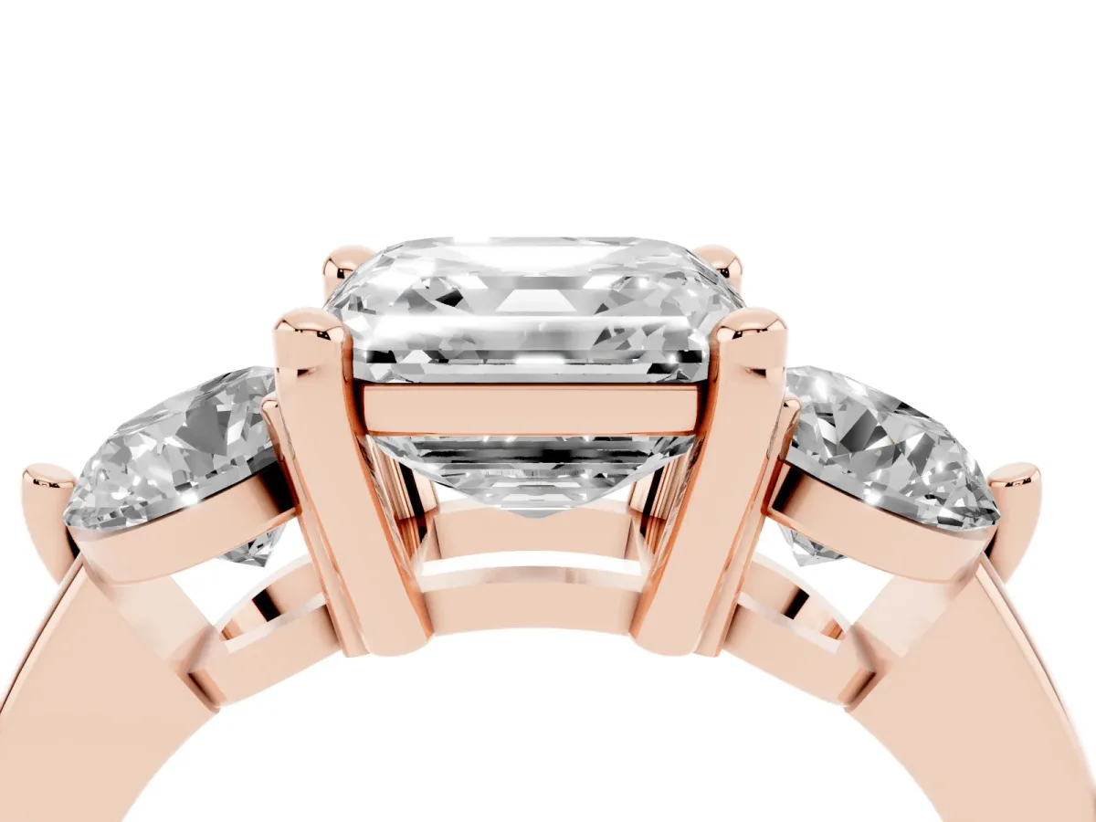 Three-Stone Asscher Cut Brilliant Cut Solitaire Ring with Prong Setting on a Classic Band Rose gold