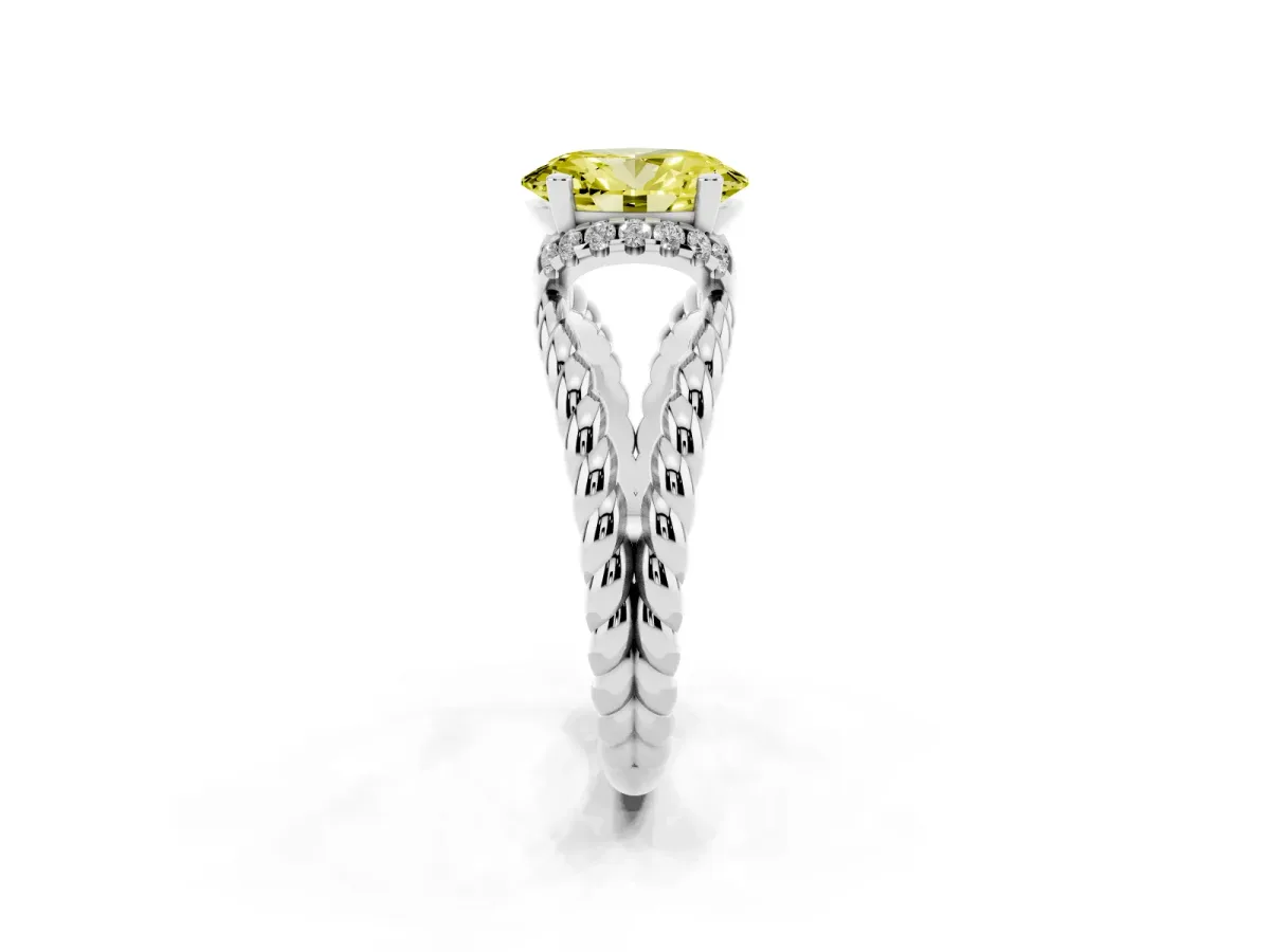 Fancy Yellow Oval Cut Halo Twisted Band Four-Prong Ring Silver