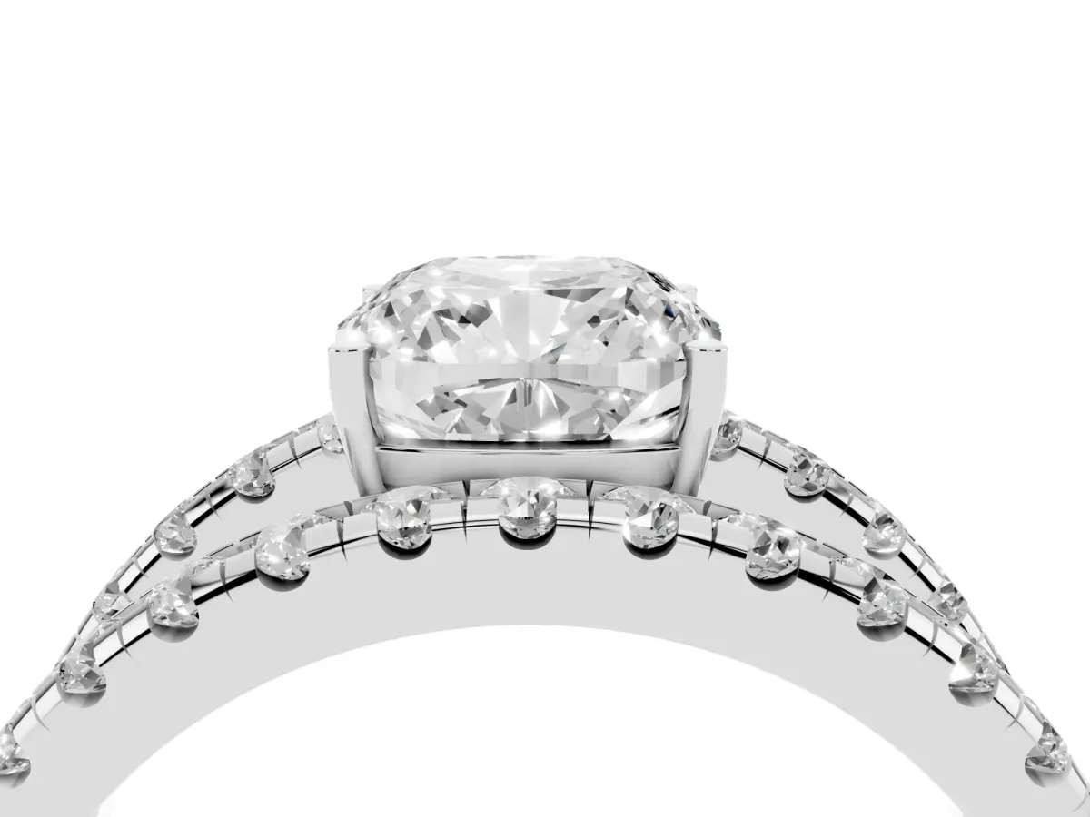 Cushion Cut Solitaire Split Shank Pave Diamond Ring Platinum