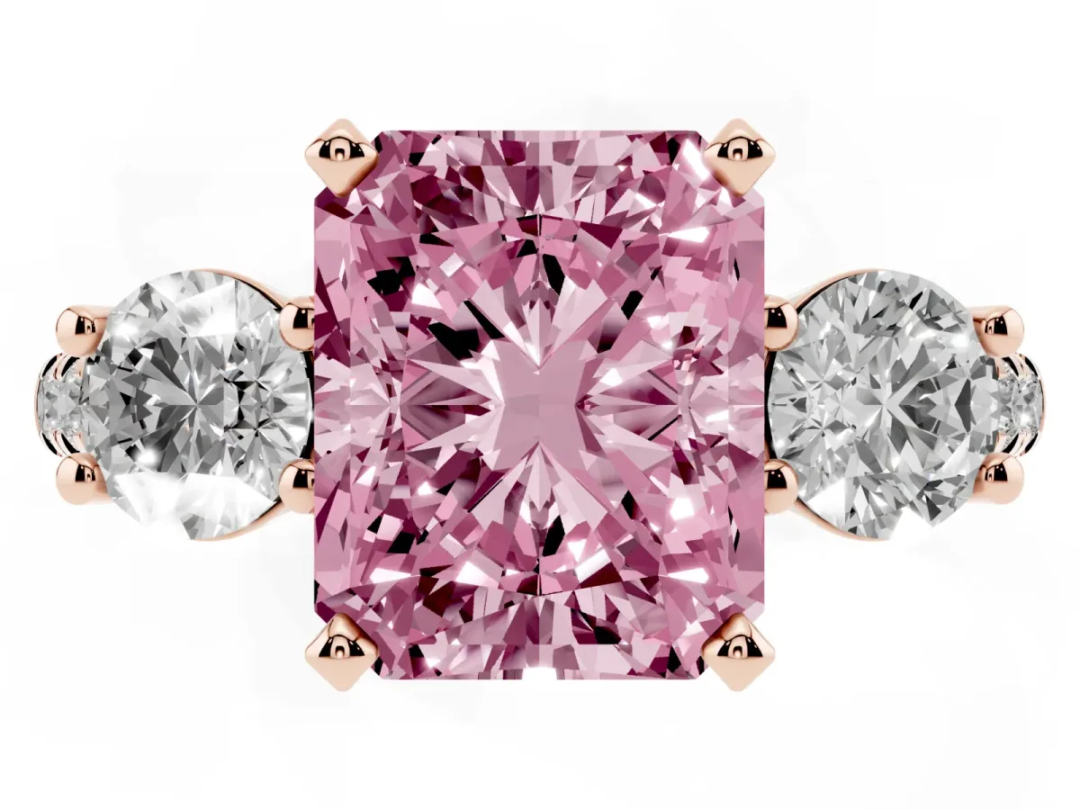 Fancy Pink Three-Stone Radiant Cut Diamond Pavé Band with Four-Prong Setting Rose gold