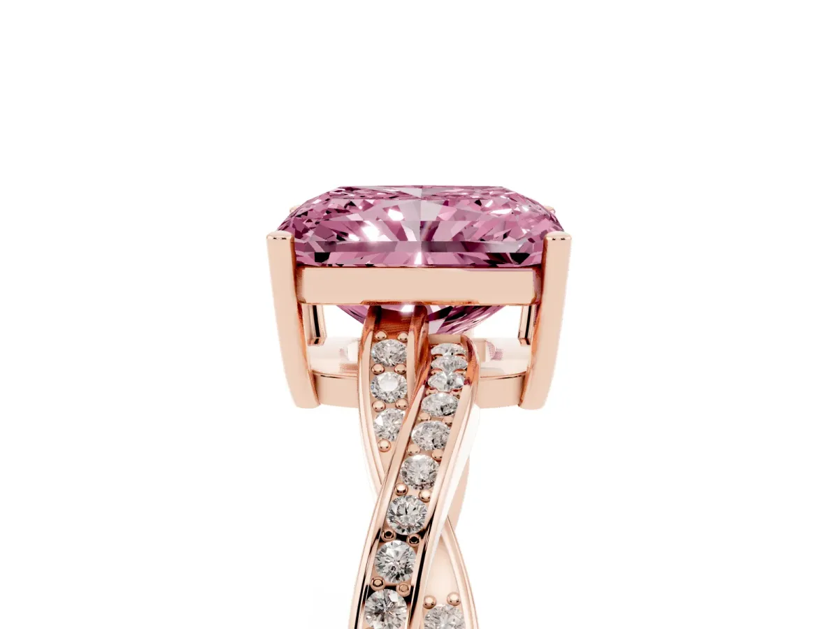 Fancy Pink Radiant Cut Solitaire Twisted Pave Diamond Ring with Four-Prong Setting Rose gold