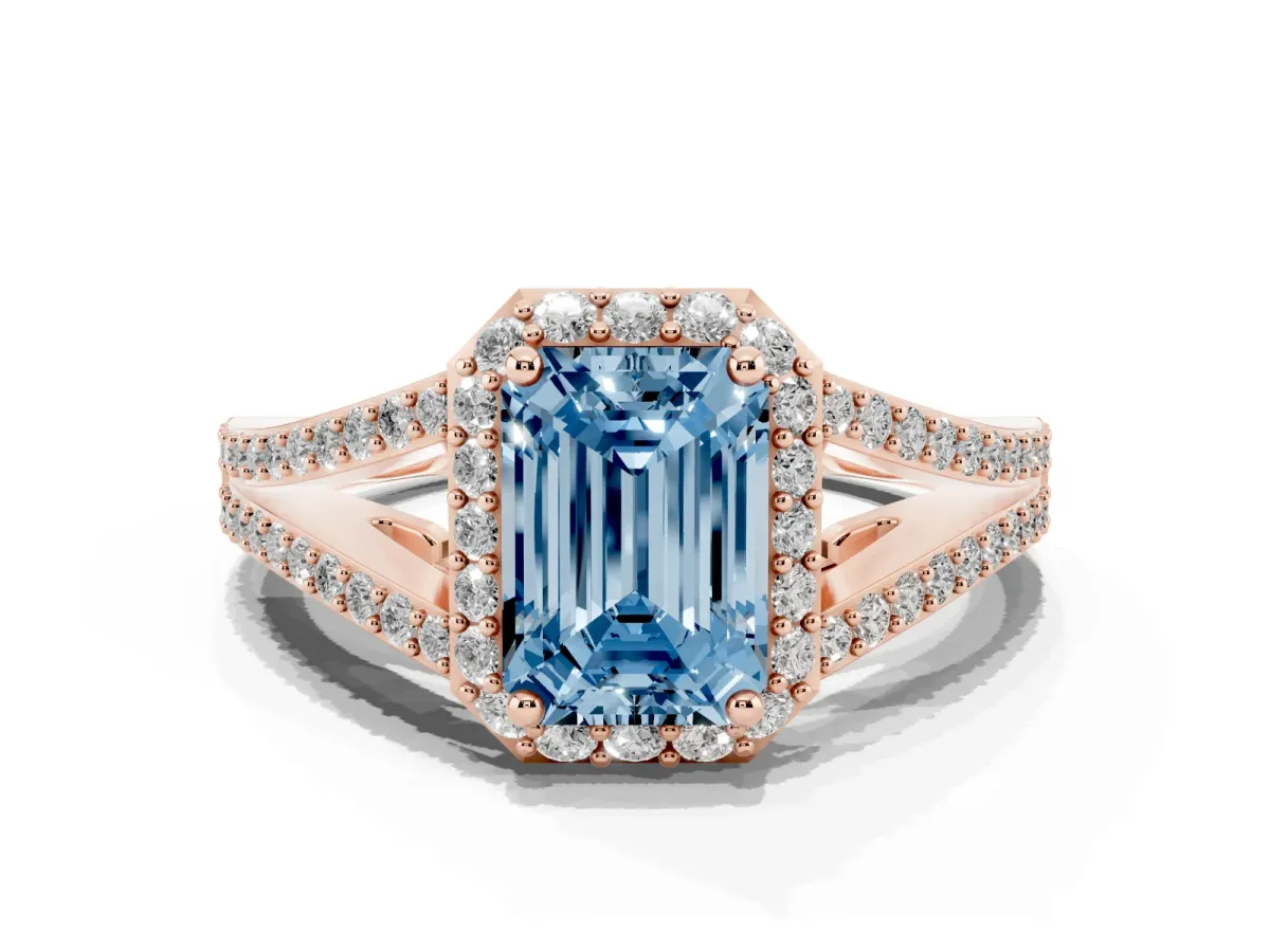 Fancy Blue Emerald Cut Halo Split Shank Pave Diamond Ring with Four-Prong Setting Rose gold