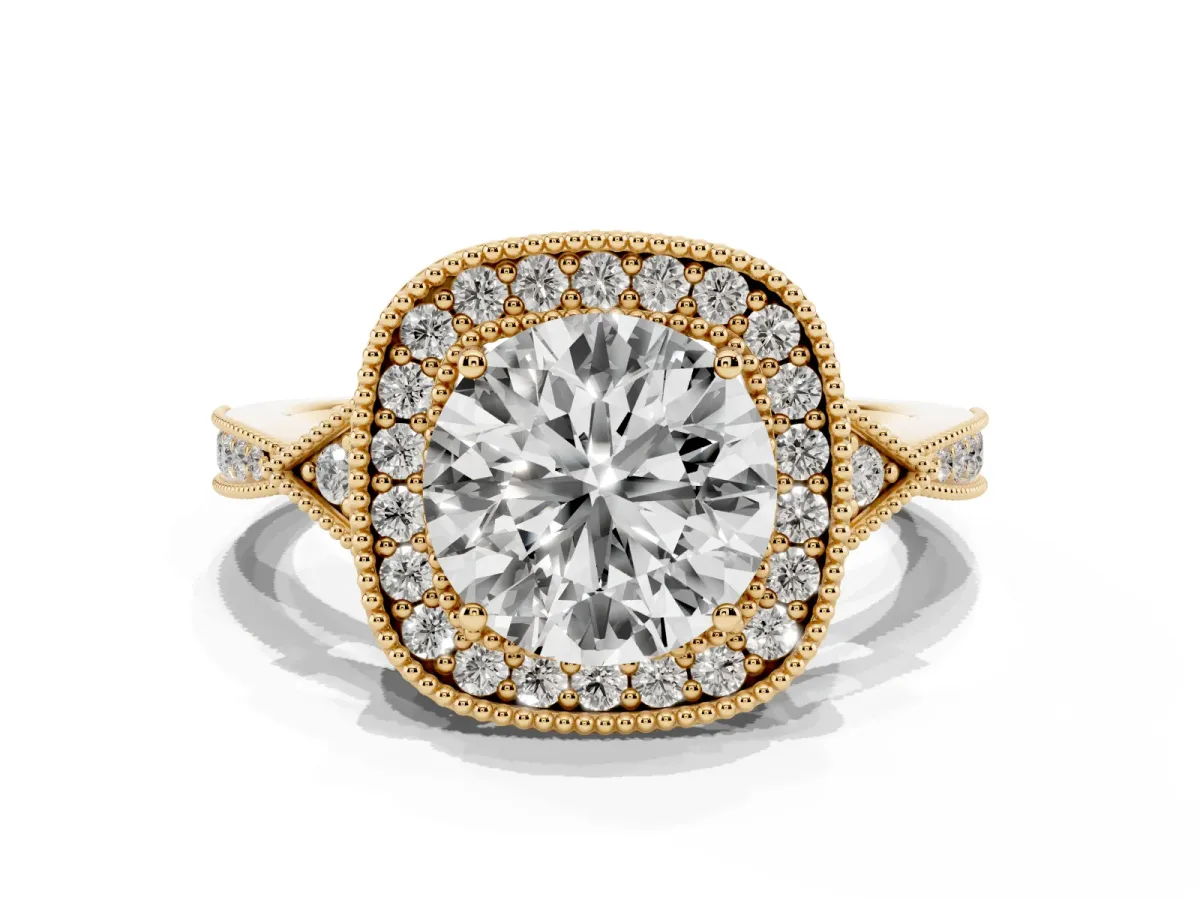 Round Cut Halo Round Diamond Milgrain Pave Engagement Ring Yellow gold