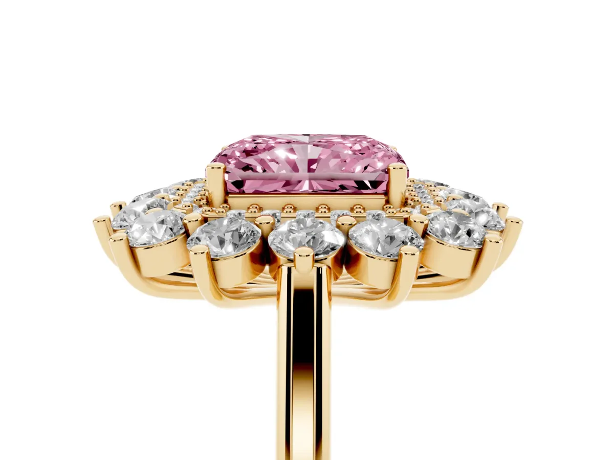 Fancy Pink Radiant Cut Diamond Floral Double Halo Engagement Ring with Prong Setting Yellow gold