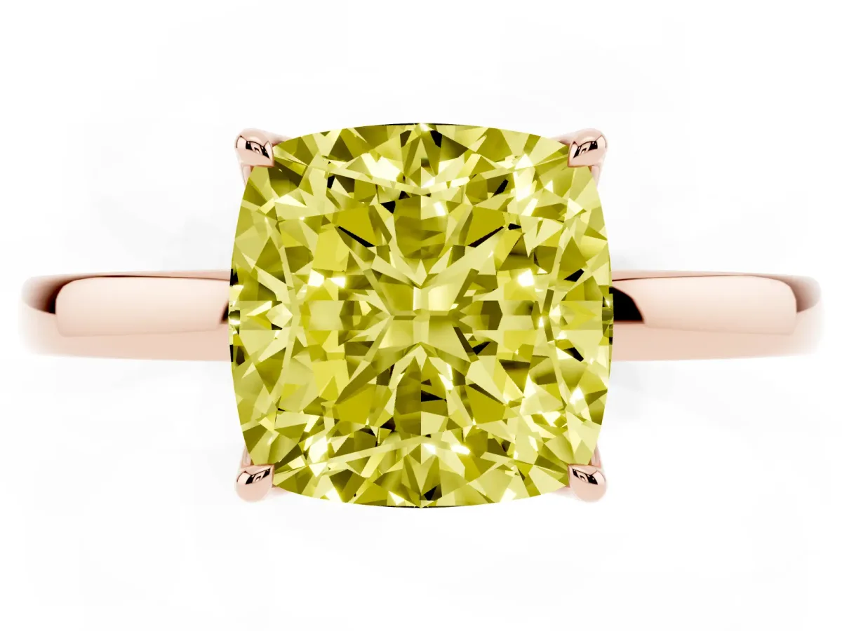 Fancy Yellow Cushion Cut Diamond Solitaire Ring with Thin Band and Prong Setting Rose gold