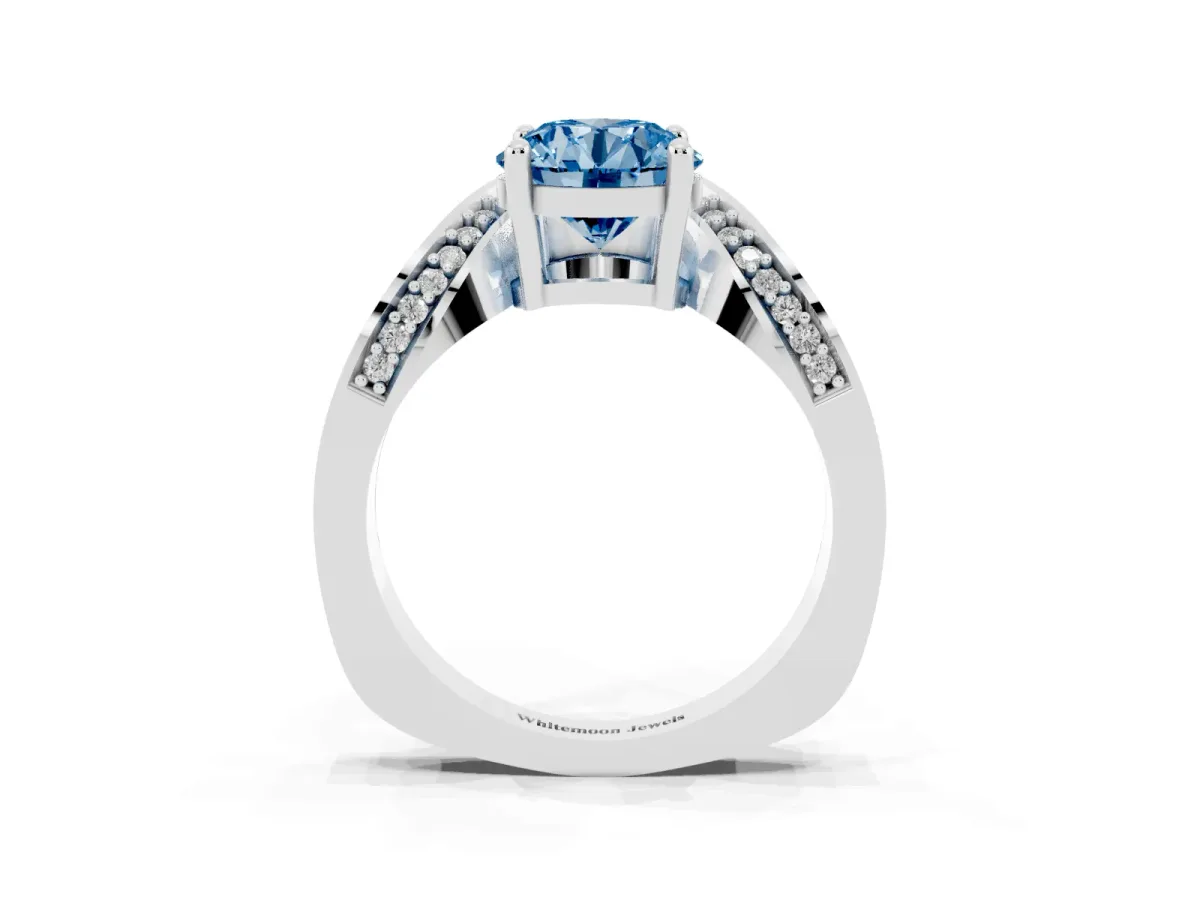 Fancy Blue Round Cut Solitaire Diamond Engagement Ring with Pave Band and Four-Prong Setting Platinum