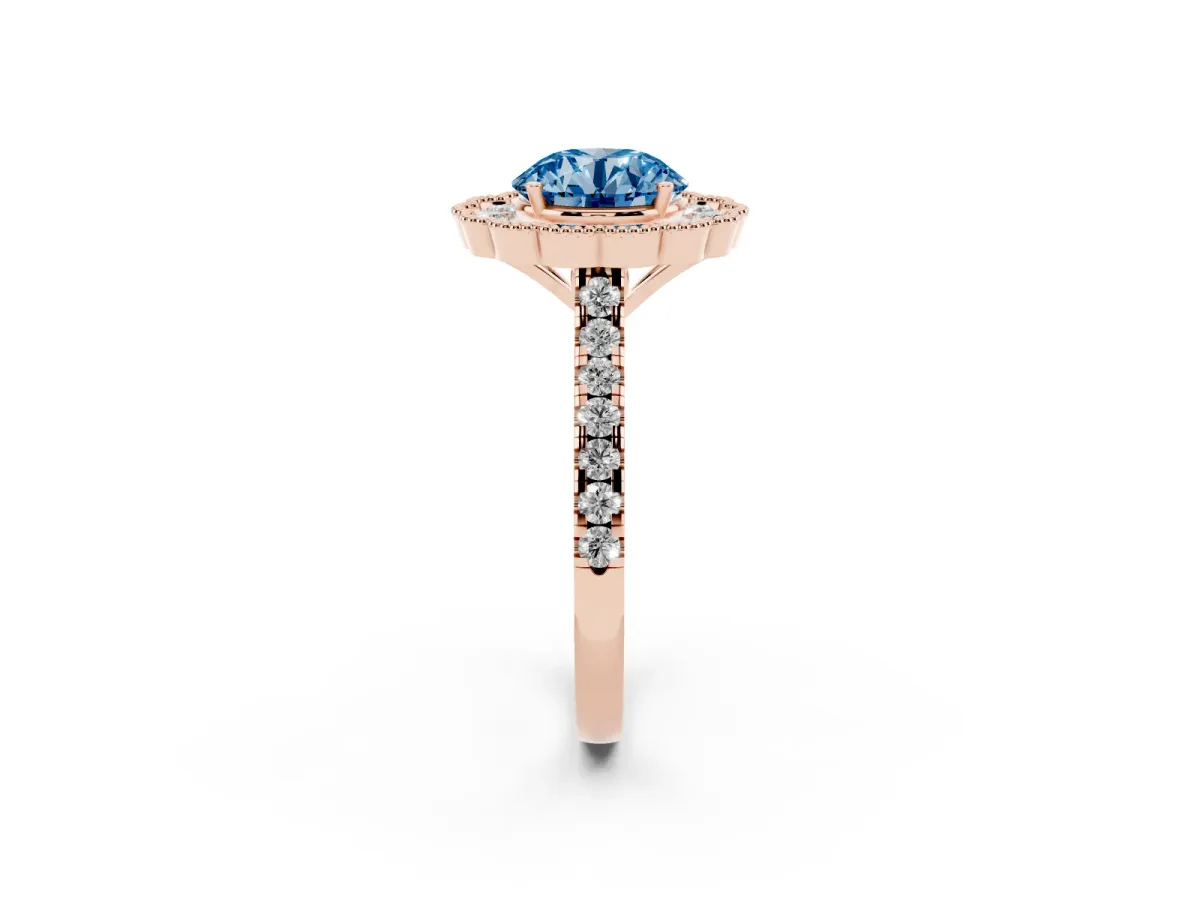 Fancy Blue Round Cut Cut Diamond Milgrain Floral Halo Engagement Ring with Pavé Band Rose gold