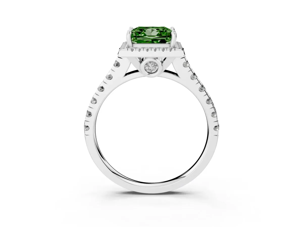 Fancy Green Princess Cut Halo Pavé Diamond Engagement Ring with Four-Prong Setting Platinum