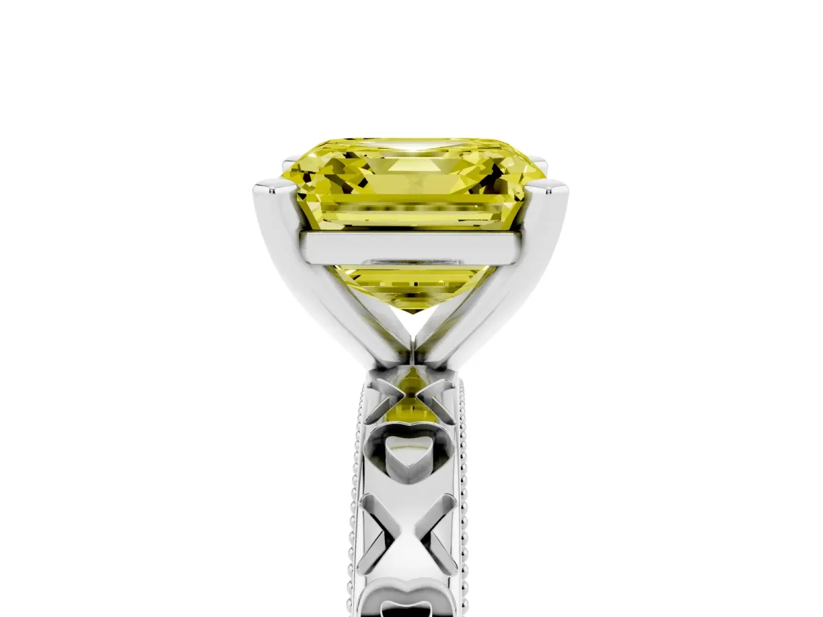 Fancy Yellow Asscher Cut Solitaire Diamond Engagement Ring with XO Engraved Band and Four-Prong Setting Platinum