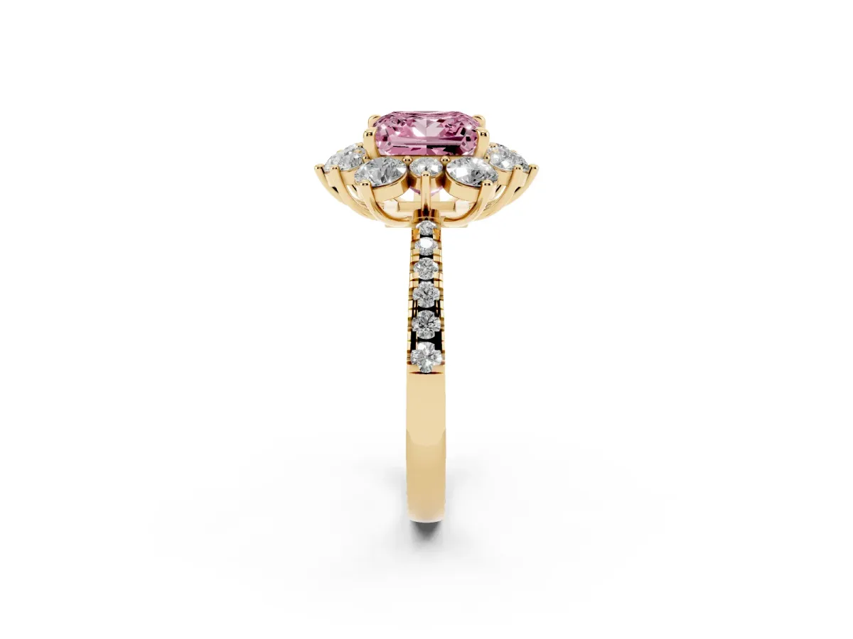 Fancy Pink Princess Cut Diamond Floral Halo Ring with Round Pavé Band and Prong Setting Yellow gold
