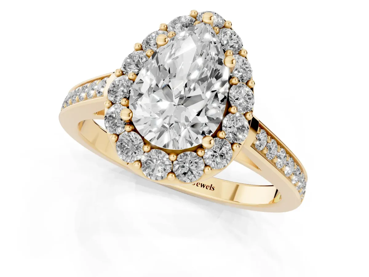 Pear Cut Diamond Floral Halo Ring with Pavé Band and Prong Setting Yellow gold