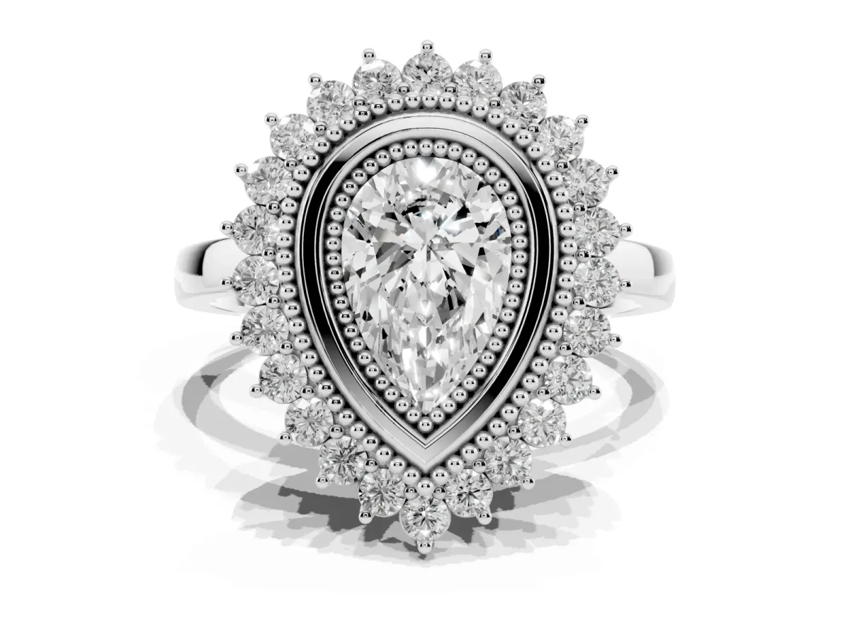 Pear Cut Halo Diamond Ring with Milgrain Edge and Round Prong Setting Silver