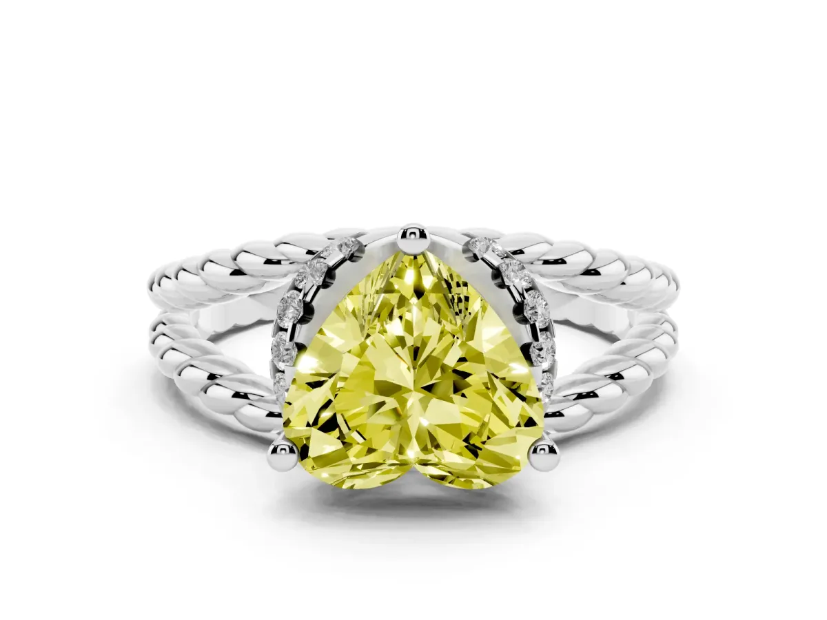 Fancy Yellow Heart Cut Halo Twisted Band Four-Prong Ring Platinum