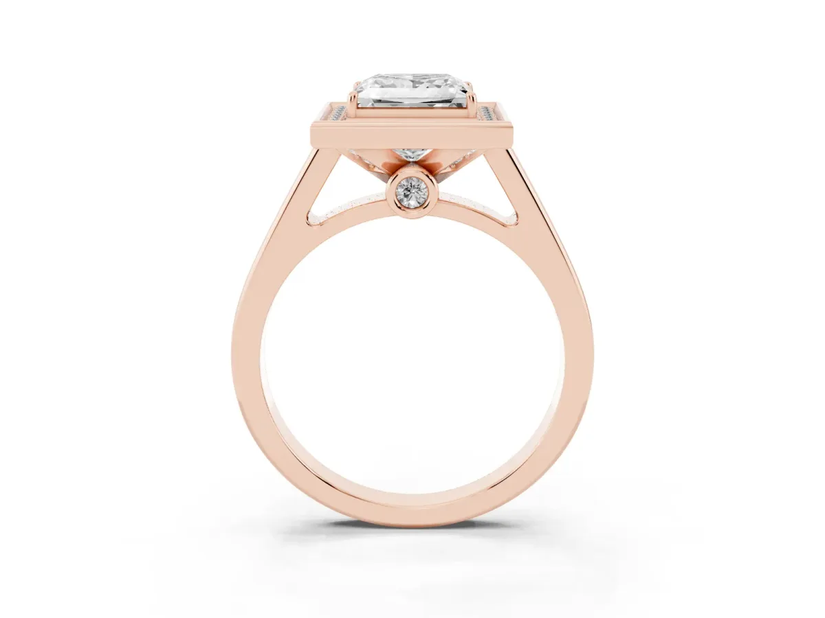 Princess Cut Halo Solitaire Diamond Ring with Pave Band and Bezel Setting Rose gold