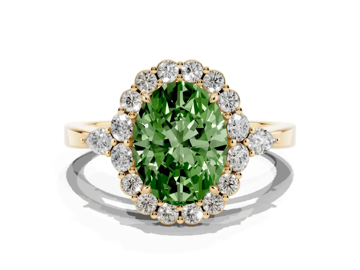 Fancy Green Oval Cut Diamond Halo Ring with Pear Side Stones and Prong Setting Yellow gold