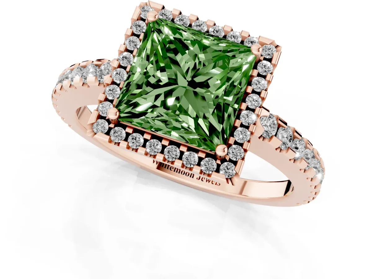 Fancy Green Princess Cut Diamond Halo Engagement Ring with Pavé Band and Prong Setting Rose gold