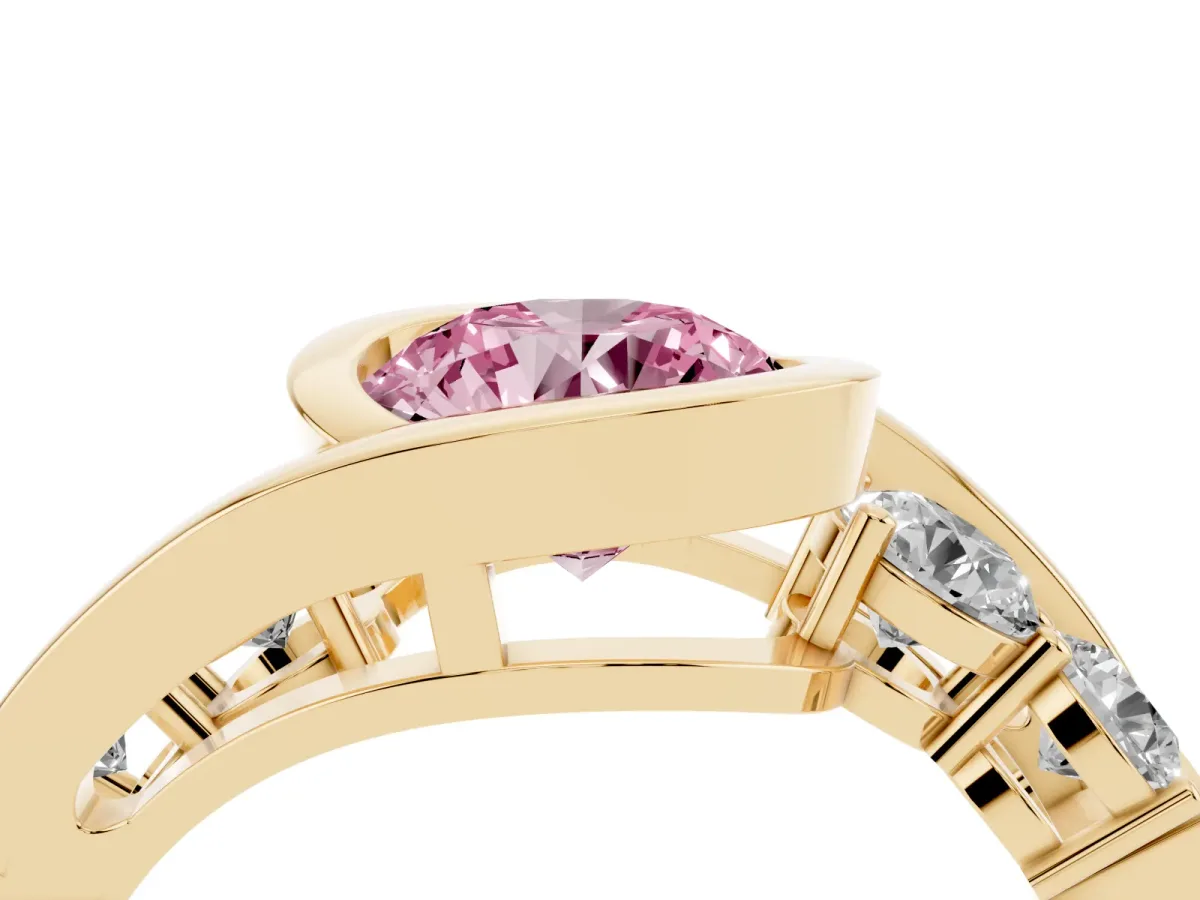 Fancy Pink Bezel Set Round Cut Diamond Bypass Ring with Round Accents Yellow gold