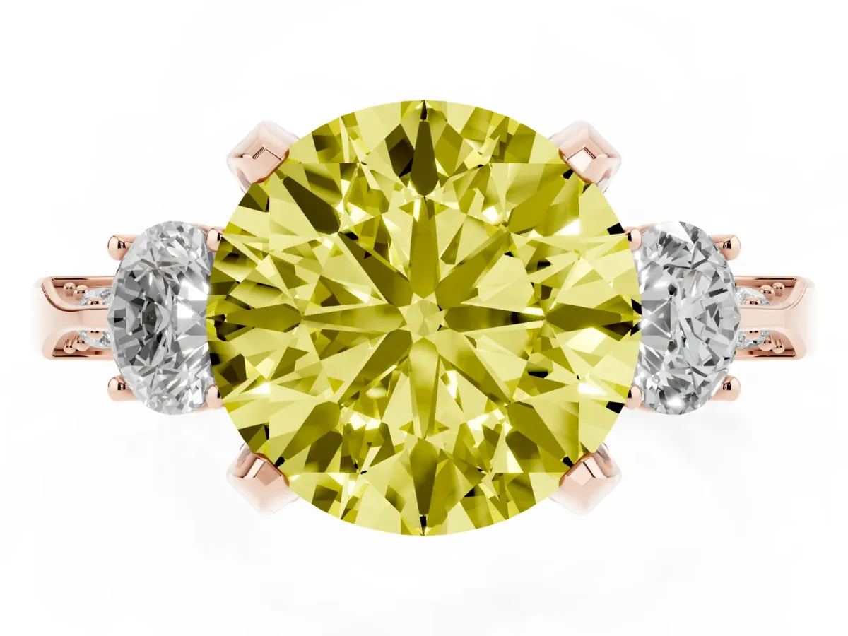 Fancy Yellow Round Cut Brilliant Three-Stone Diamond Ring with Pavé Band and Four-Prong Setting Rose gold