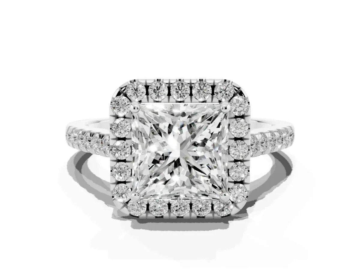 Princess Cut Halo Pave Diamond Engagement Ring with Four-Prong Setting Silver