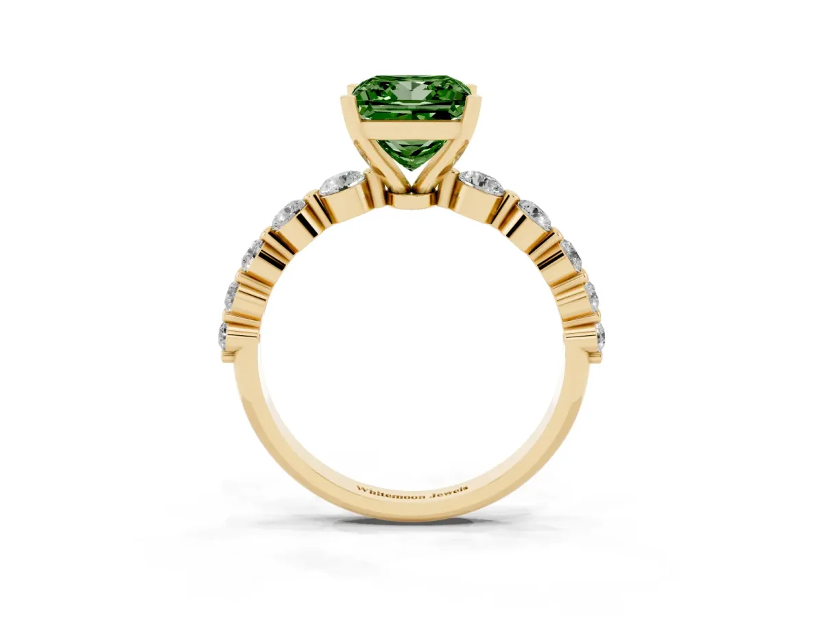 Fancy Green Princess Cut Solitaire Diamond Ring with Pave Band and Four-Prong Setting Yellow gold