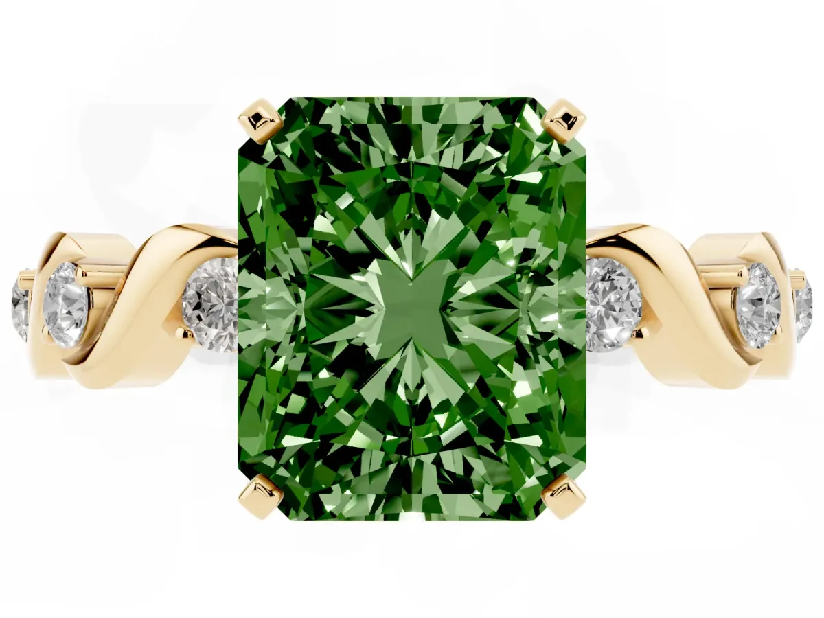 Fancy Green Radiant Cut Diamond Solitaire Twisted Band with Round Accents and Prong Setting Yellow gold