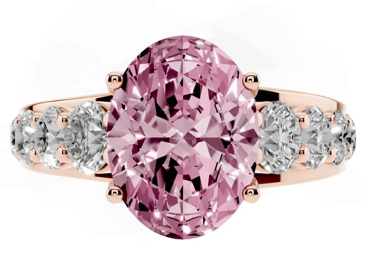 Fancy Pink Oval Cut Diamond Engagement Ring with Pavé Band and Four-Prong Setting Rose gold